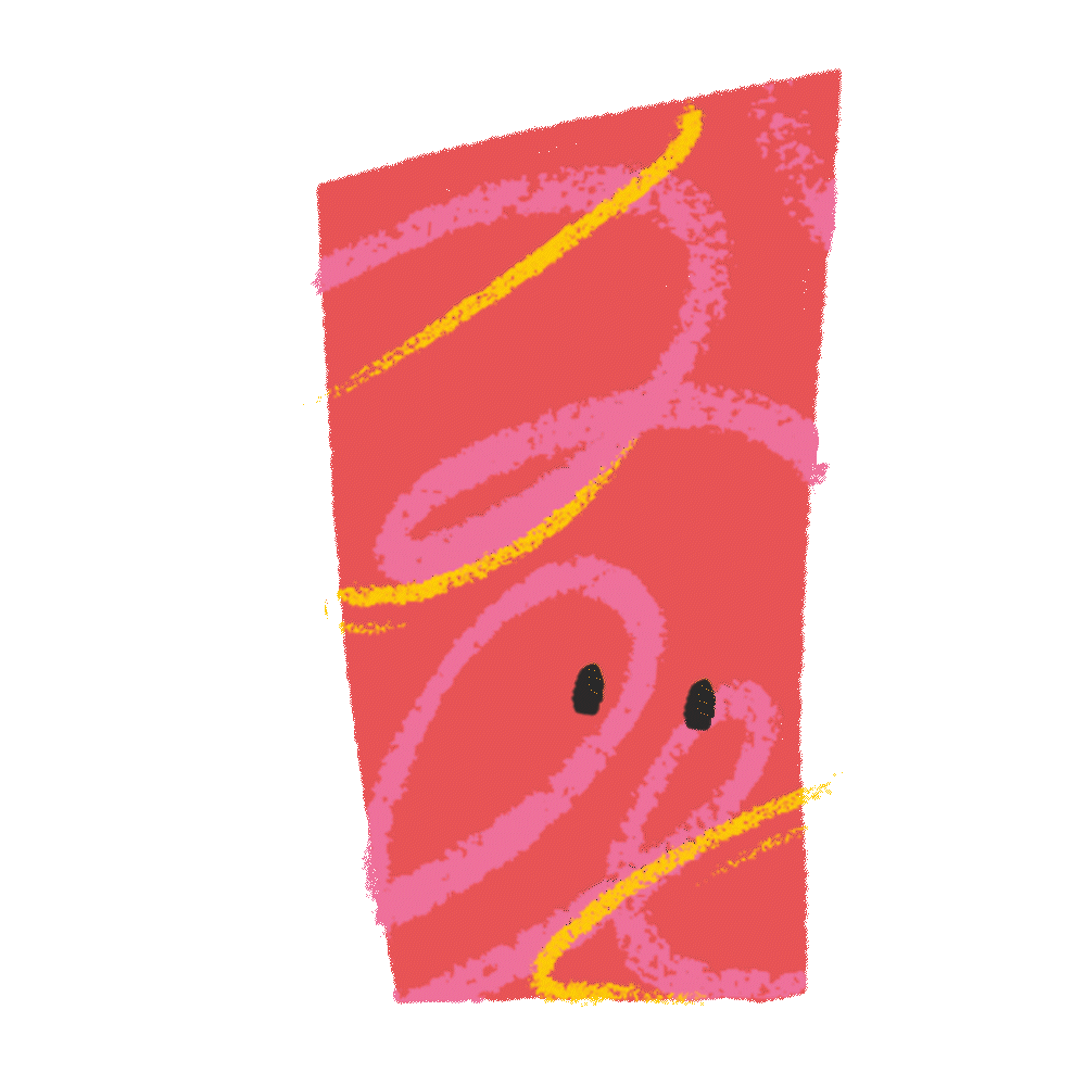 Animated illustration of a red, irregular-shaped character with pink and yellow scribbles, black eyes glancing side to side.