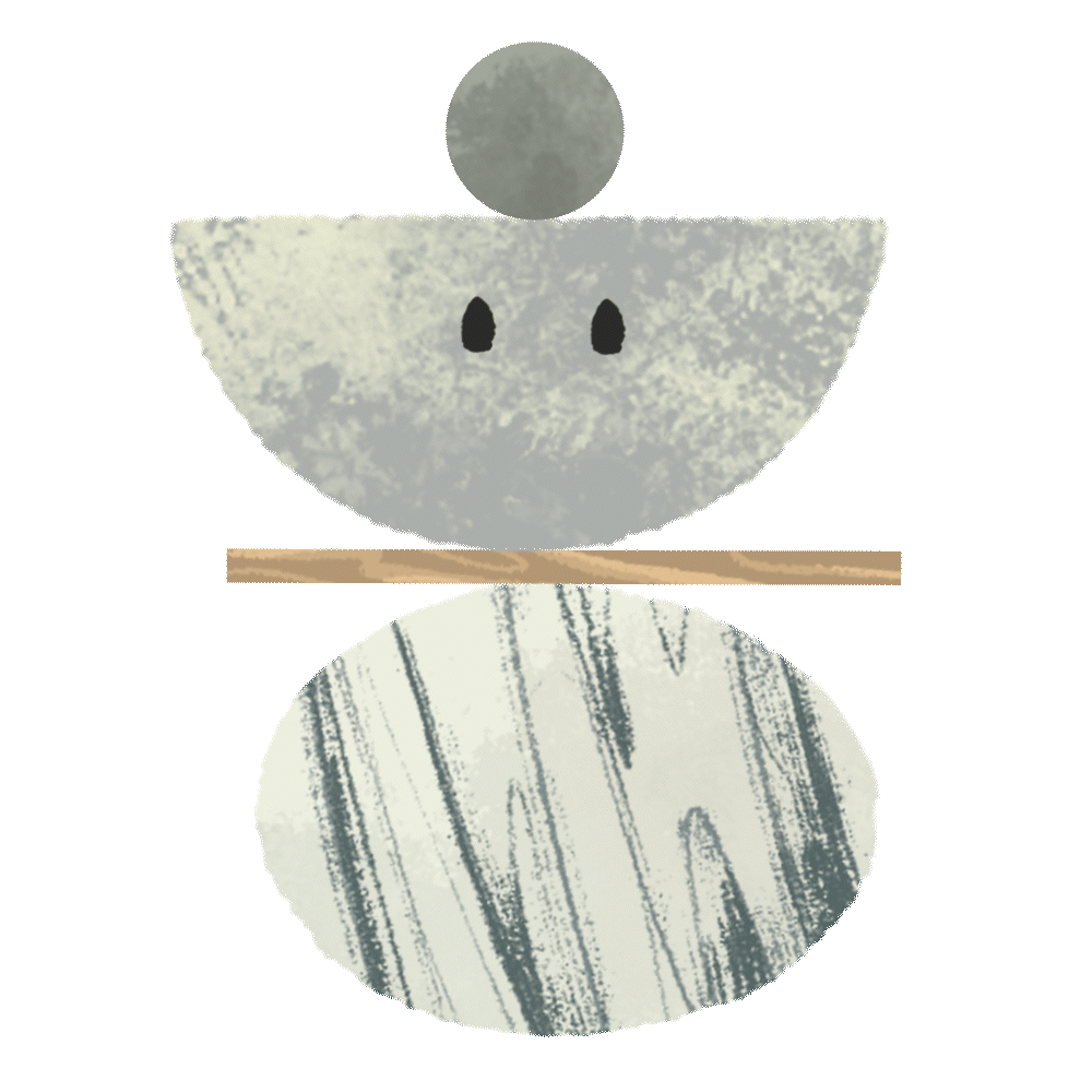 An illustration shows a grey rock-like half-moon shape with closed eyes balanced on a stick, which is balanced on an oval shape with darker grey stripes.
