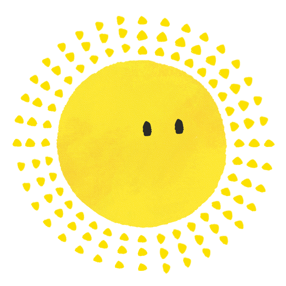 Animated illustration of a yellow sun shape with energetic, playful eyes moving side to side. Radiant sun beams made of small triangular like a halo. 