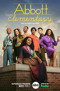 A poster of Abbott Elementary. It features the main cast members standing on a rooftop against a city skyline, with the title "Abbott Elementary" at the top. 