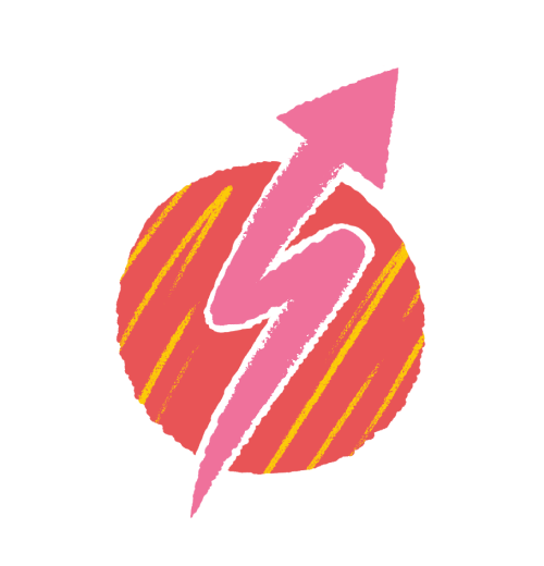A red circle with yellow diagonal lines contains a pink lightning bolt that curves upwards and ends in an arrow.