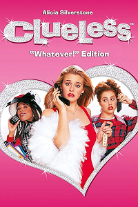 A poster of Clueless. It features three young women, with Alicia Silverstone in the centre, inside a pink heart outline, and the movie title in glittery text. 