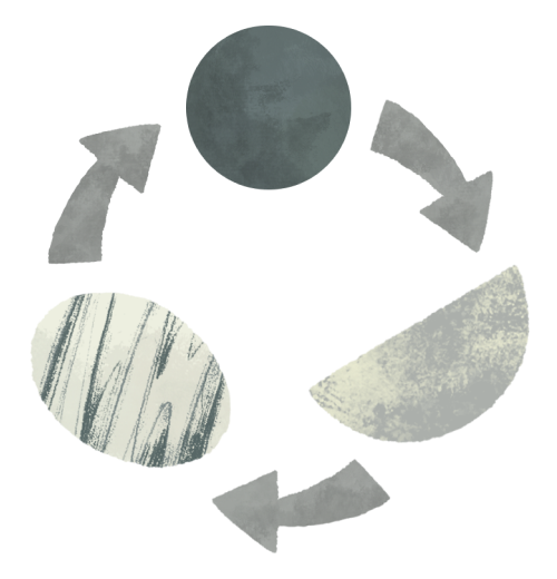 Two dark grey quotation marks frame a rock-like circle split in half, with each half having grey stripes.