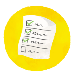 A yellow circle contains a white checklist with three top items checked off and one unchecked. 