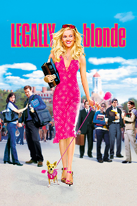 A poster of Legally Blonde. It features Reese Witherspoon in a pink dress walking a chihuahua, with a college campus in the background and the movie title at the top.