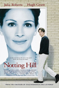 A poster of Notting Hill. It features a large image of Julia Roberts' face next to Hugh Grant, with the movie title at the bottom. 