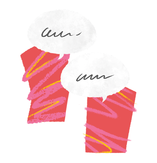 Two red, irregularly shaped characters with pink and yellow scribbles on their bodies have white speech bubbles above their heads.