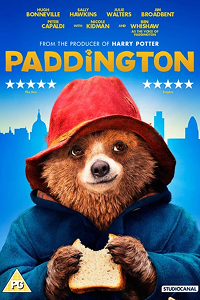  A poster of Paddington. It features Paddington Bear in a red hat and blue coat holding toast, against a blue background with the London skyline and the movie title.