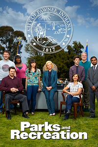 A poster of Parks and Recreation. It features the main cast members standing and sitting in a grassy park, with the "City of Pawnee Indiana" seal above them and the title "Parks and Recreation" at the bottom. 
