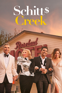 A poster of Schitt's Creek. It features the four main cast members walking arm-in-arm in front of the "Rosebud Motel," with the title "Schitt's Creek" at the top.