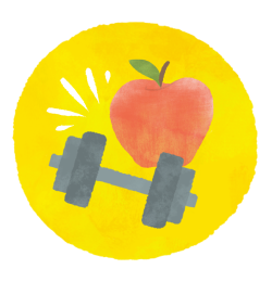 A yellow circle contains a red apple and a grey dumbbell.