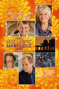 A poster of The Best Exotic Marigold Hotel. It features a collage of cast members and scenes from the movie against a floral background. 