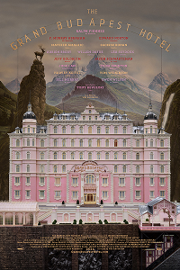 A poster of The Grand Budapest Hotel. It depicts a large, ornate pink hotel set against a backdrop of mountains, with the movie title at the top. 