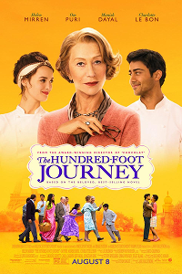A poster of The Hundred-Foot Journey. It features Helen Mirren, Om Puri, and Manish Dayal above the title, with a group of characters walking below, set against a warm background. 