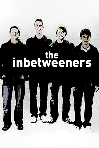 A poster of The Inbetweeners. It features four young men standing in front of a teal background, with the title "the inbetweeners" in white text at the bottom. 