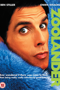 A poster of Zoolander. It features a close-up of Ben Stiller's face, partially obscured by blue fur, with the movie title written vertically. 