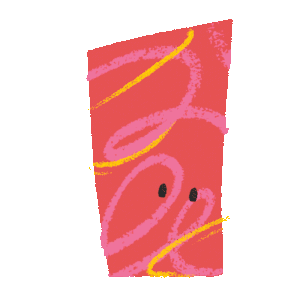 Animated illustration of a red, irregular-shaped character with pink and yellow scribbles, black eyes glancing side to side.