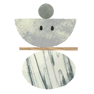An illustration shows a grey rock-like half-moon shape with closed eyes balanced on a stick, which is balanced on an oval shape with darker grey stripes.