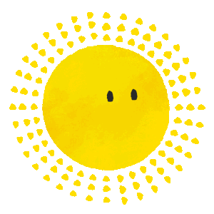 Animated illustration of a yellow sun shape with energetic, playful eyes moving side to side. Radiant sun beams made of small triangular like a halo. 